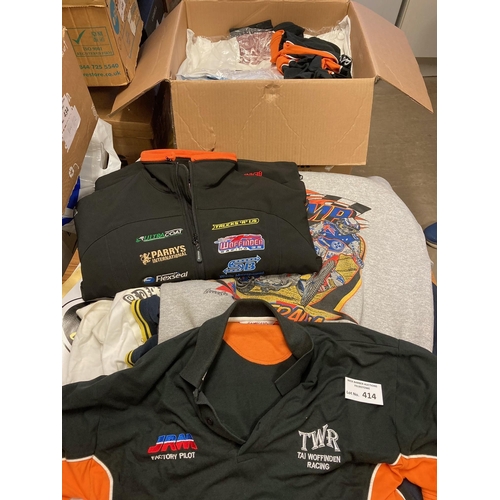 414 - Sports; Speedway: Large box of merchandise, jackets, t-shirts, etc.; including Tai Woffenden and var... 