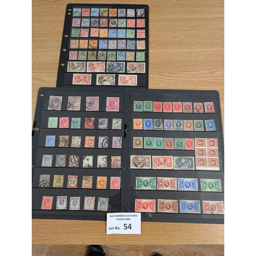 54 - Stamps: GB various hagners of Edward VII, George V, including seahorses and high values; 4 sheets.