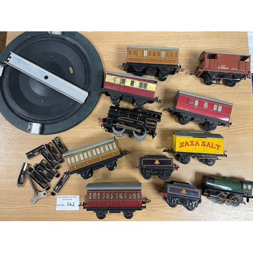 562 - Diecast; Trains: Two boxes of O Gauge Hornby tinplate engines, tenders, carriages, wagons and others... 