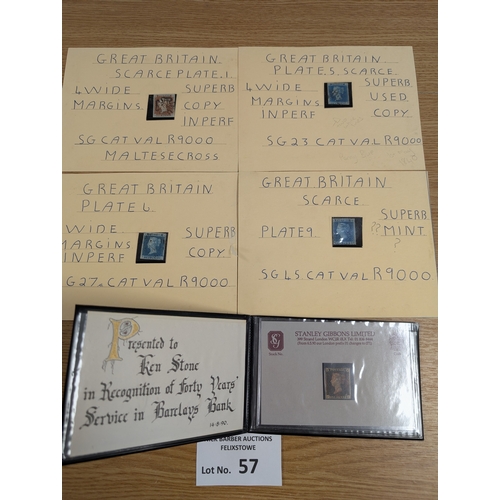 57 - Stamps: GB Queen Victoria assortment including Penny Black, 2d Blue x3 and scarce plate 1 Penny Red.