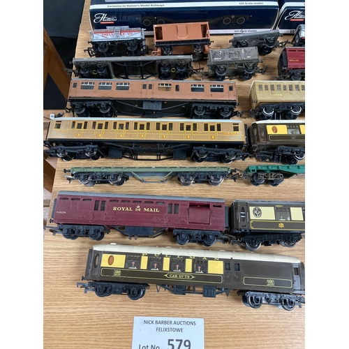 579 - Diecast; Trains: 2 boxes of carriages and wagons; mostly unboxed, includes Bachmann, Warwell, Hornby... 