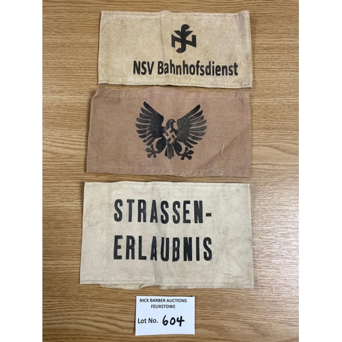 604 - Collectables; Militaria: Trio of German WW2 armbands - 'Strassen Erlaubnis' BDM and NVS Bahnhofdiens... 