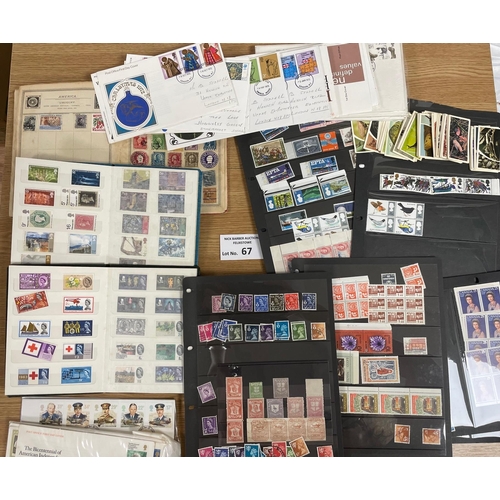 67 - Stamps: Mixed stamp lot including FDCs, Mint sheets, stockbooks, loose in packets, etc., plus some I... 