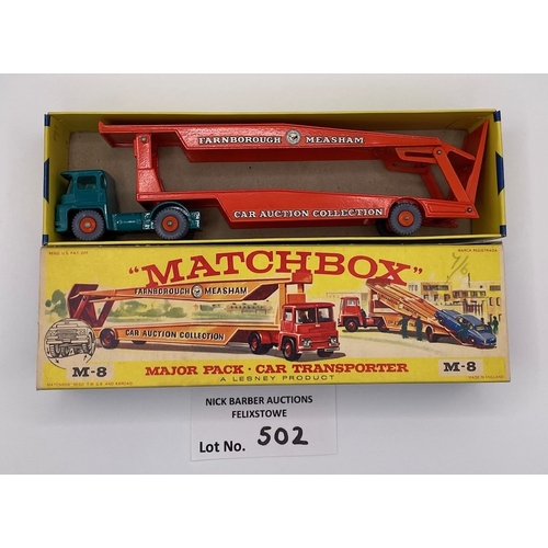 502 - Diecast: Matchbox Major Pack Car Transporter M-8, orange and teal with grey wheels, Excellent within... 