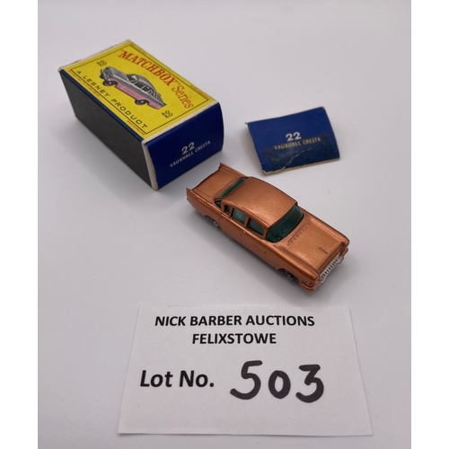 503 - Diecast: Matchbox Regular Wheels 22 Vauxhall Cresta, metallic copper, green windows, grey wheels; Ex... 