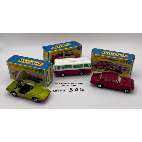 505 - Diecast: Matchbox Superfast assortment, including: 52a Dodge Charger in lime green, 12b Setra Coach ... 