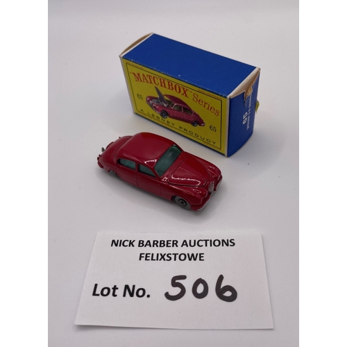 506 - Diecast: Matchbox Regular Wheels 65 Jaguar 3-8 Sedan, with red body, green windows, grey/silver base... 