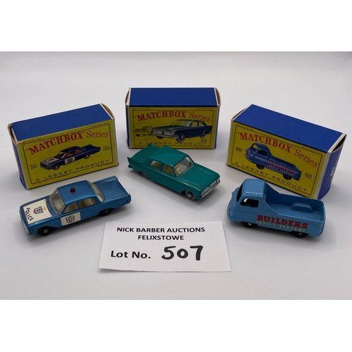 507 - Diecast: Matchbox Regular Wheels trio including: 55b Ford Fairlane Police car, 33b Ford Zephyr, and ... 