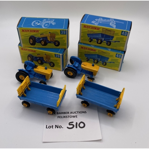 510 - Diecast: Matchbox 39c Ford Tractors (2) and 40c Hay Trailers (2); Good to Excellent, 1x tractor miss... 