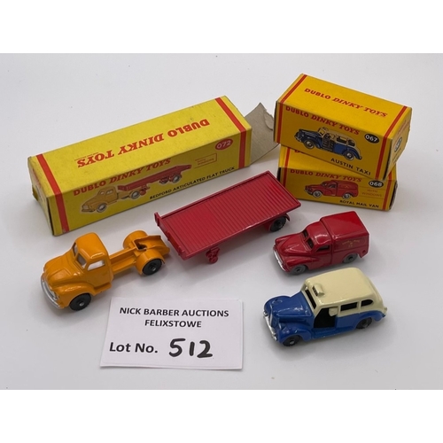 512 - Diecast: Dublo Dinky Toys trio, including 068 Royal Mail Van, 067 Austin Taxi, and 072 Bedford Artic... 