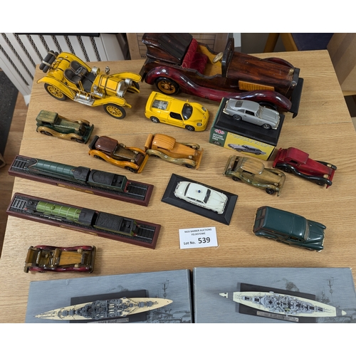 539 - Diecast: Mixed assortment of wooden classic cars, trains and cars on plinths, etc; conditions genera... 