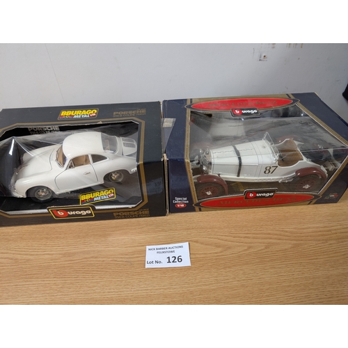 126 - Diecast: Large diecast models including Burago Bugatti and Porsche, Corgi, and others; all boxed; (5... 