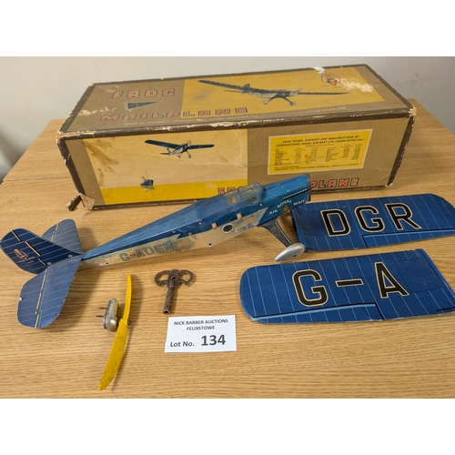 134 - Diecast: Frog Mailplane original vintage thin metal/paper flying plane in box; rare; with key.