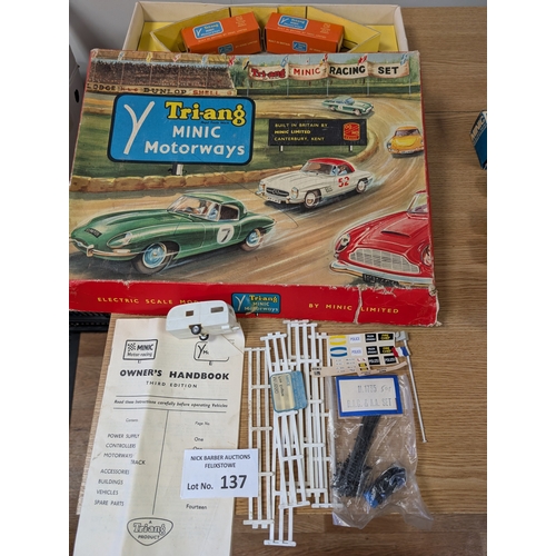 137 - Diecast: Tri-ang Minic assortment of mostly boxed cars including M1552 Police Jaguar, M1581 Aston Ma... 