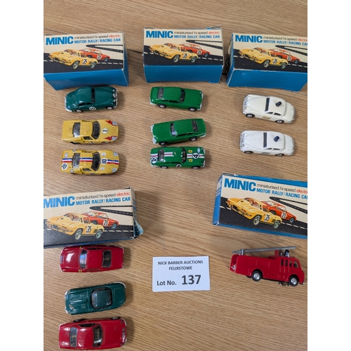 137 - Diecast: Tri-ang Minic assortment of mostly boxed cars including M1552 Police Jaguar, M1581 Aston Ma... 