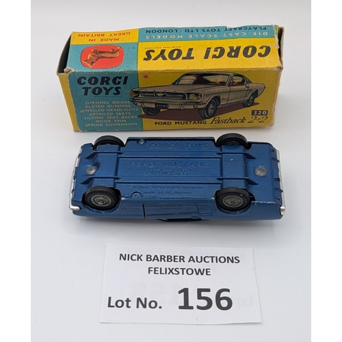 156 - Diecast: Corgi 320 Ford Mustang Fastback 2+2 with dark blue body, lightly play worn, within original... 