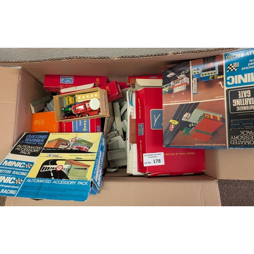 178 - Diecast: 3 boxes of Minic accessories; motorway track in boxes, buildings, etc.; one box of track.