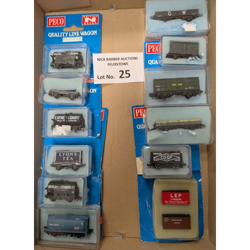 25 - Trains: Peco assortment of boxed wagons and accessories; damage/sticker residue to boxes.