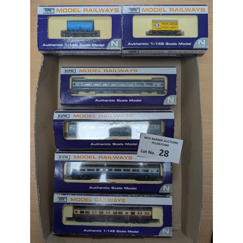 28 - Trains: Dapol assortment of boxed N Gauge carriages and wagons; generally Good, some boxes damaged.