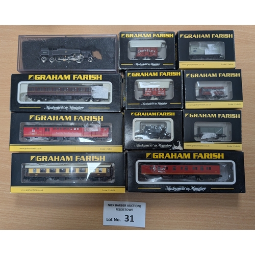 31 - Trains: Graham Farish assortment of N Gauge boxed carriages/coaches wagons, plus Bachmann loco; gene... 