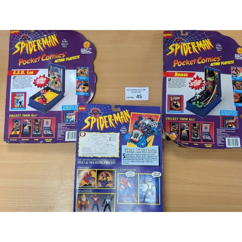 45 - Vintage Toys: Marvel Spiderman trio of Toy Biz 1994/1995 action playsets, including 2x 'Pocket Comic... 