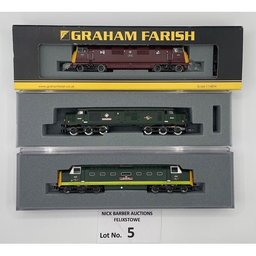 5 - Trains: Graham Farish by Bachmann trio of N Gauge diesel locos, including 371-277 55002 The Kings Ow... 