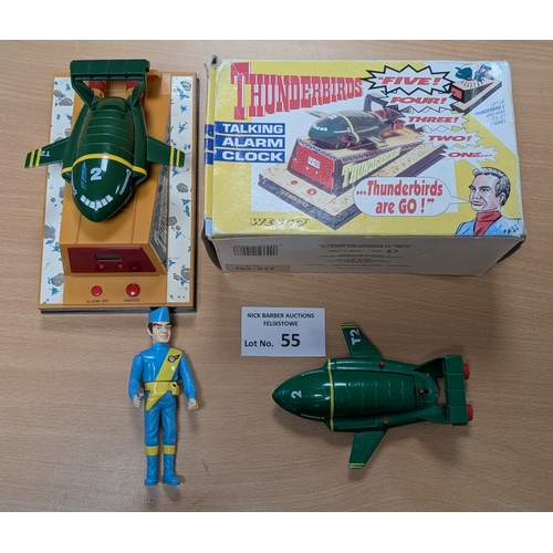 55 - Diecast: Thunderbirds assortment, including Talking Alarm Clock (boxed), Matchbox 1992 Thunderbird 2... 