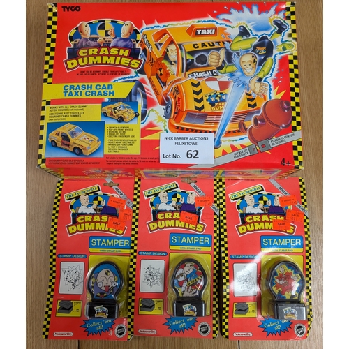 62 - Vintage Toys: Crash Dummies vintage boxed Crash Cab Taxi Crash set; plus 3x Crash Dummies stampers; ... 