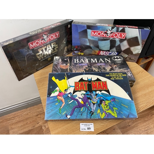 89 - Vintage Games: Assortment of mostly sealed board games, including Star Wars and Nascar Monopoly, Bat... 