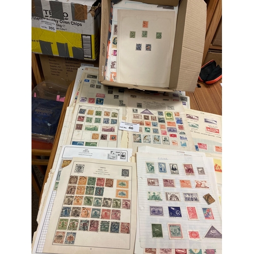 46 - Stamps: Box of Chinese stamps on old album pages, approx. 100x pages.