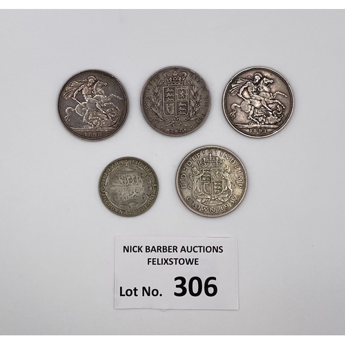 306 - Coins: GB Collection of silver crowns in QV; 1844, 1891, and 1898, plus 2 others; all in Good condit... 