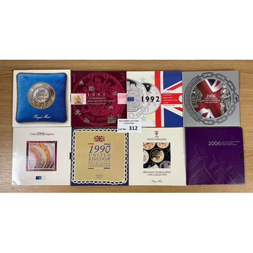 312 - Coins: Royal Mint Uncirculated coin GB coin sets in card folders, including 1993, 1988, 1989, 1992, ... 