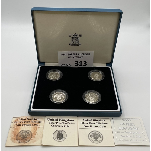 313 - Coins: Royal Mint £1 Silver Proof Piedfort coins within 4 boxes; Fine conditions.