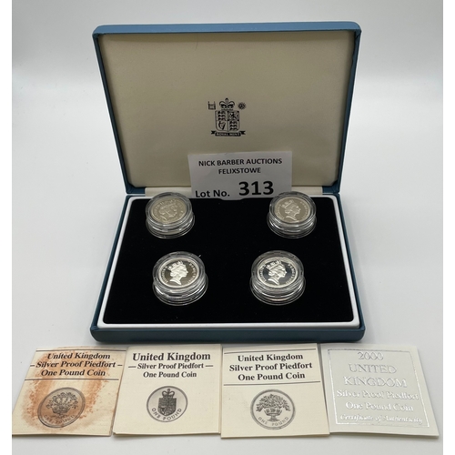 313 - Coins: Royal Mint £1 Silver Proof Piedfort coins within 4 boxes; Fine conditions.