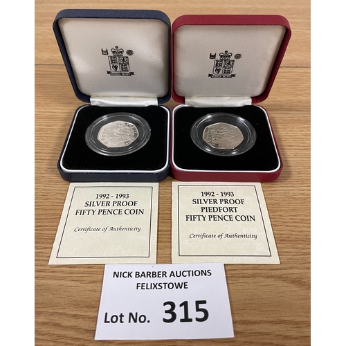 315 - Coins: Royal Mint 1992-93 Silver Proof EU 50p coins; 1x Proof and 1x Piedfort, boxed.