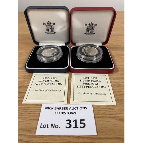 315 - Coins: Royal Mint 1992-93 Silver Proof EU 50p coins; 1x Proof and 1x Piedfort, boxed.