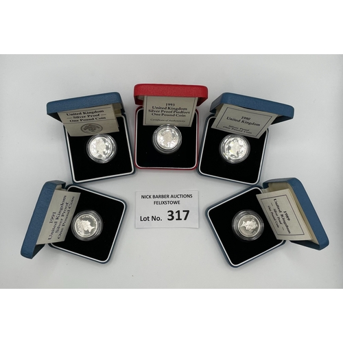 317 - Coins: Royal Mint 5 x £1 silver proof coins; 4x proof, 1x Piedfort; Fine condition.