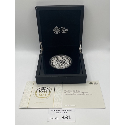 331 - Coins: Royal Mint 90th Birthday of QEII 2016 Silver Proof 5oz/156g coin in deluxe box; Fine conditio... 