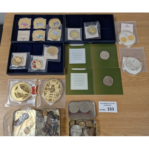 333 - Coins: Box of vintage coins, crowns, and modern issue commemorative coins.