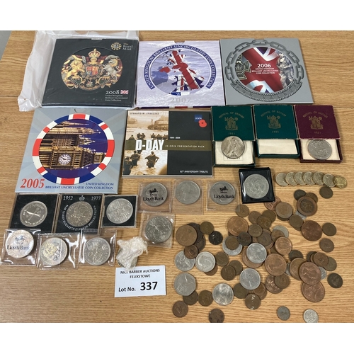 337 - Coins: Tin of general mainly modern coins, plus year sets, in card packs 2005-2008, D-Day 2004 £5 pa... 