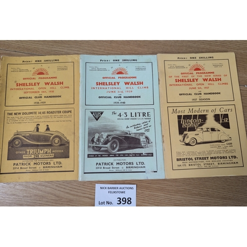 398 - Sports; Motor Racing: Shelsley Walsh Hill Climb race programmes with handbooks x3; including 5/6/193... 