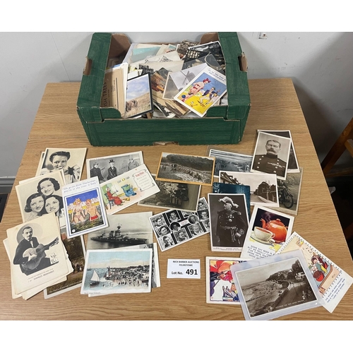 491 - Postcards: Banana box of vintage postcards, including RPs, greetings, humour, plus a few Speedway ph... 