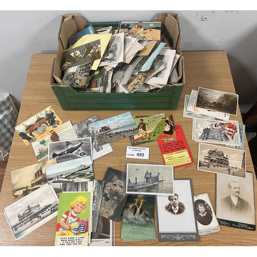 492 - Postcards: Banana box of vintage postcards and photographs, including tintypes, humour/greetings, et... 