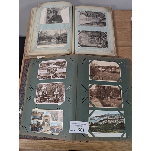 501 - Postcards: 2 albums of vintage postcards, including foreign/RPs, plus a pack of military related car... 