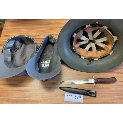 587 - Collectables; Militaria: Collection of items including tin helmet WW2, two repro caps and a repro da... 