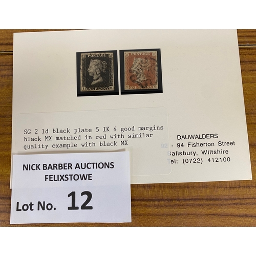 12 - Stamps : Penny Black SG2 Plate 5 with 4 margins, very nice item with Penny Red.