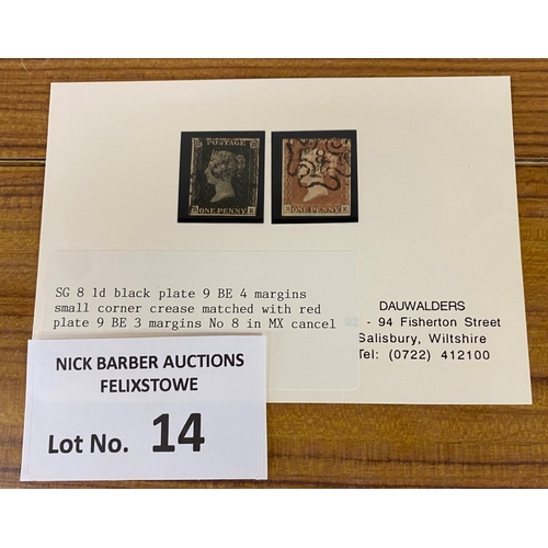 14 - Stamps : Penny Black SG8 4 margins, small corner crease, with Penny Red.