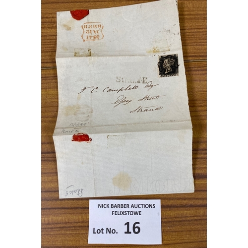16 - Stamps : Penny Black on cover dated 12.01.1841, plate 5, nice item.
