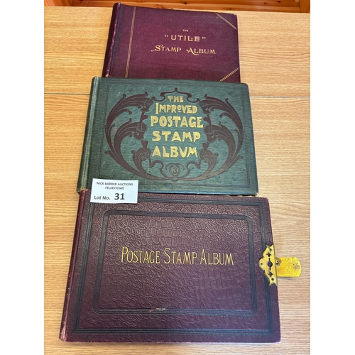 31 - Stamps : Old time world collection in 3 oblong stamp albums, one with a metal clasp.