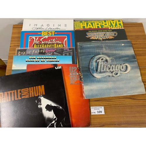 109 - Records : Box of albums, decent names, good conditions, incl U2, Neil Young, Lennon, Dylan, Gary Moo... 